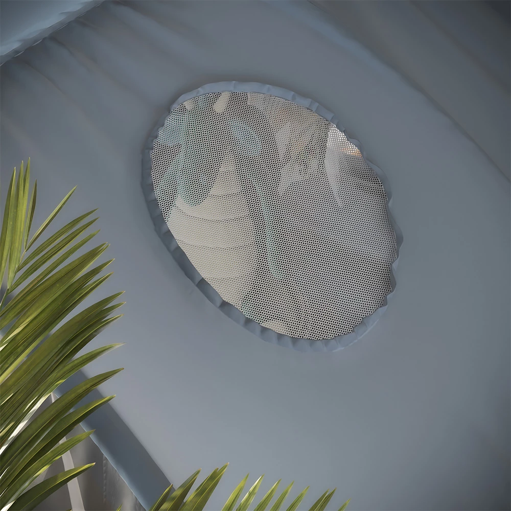 Nahaufnahme von Tunnelzelt in Blau, zeigt Textur/Details