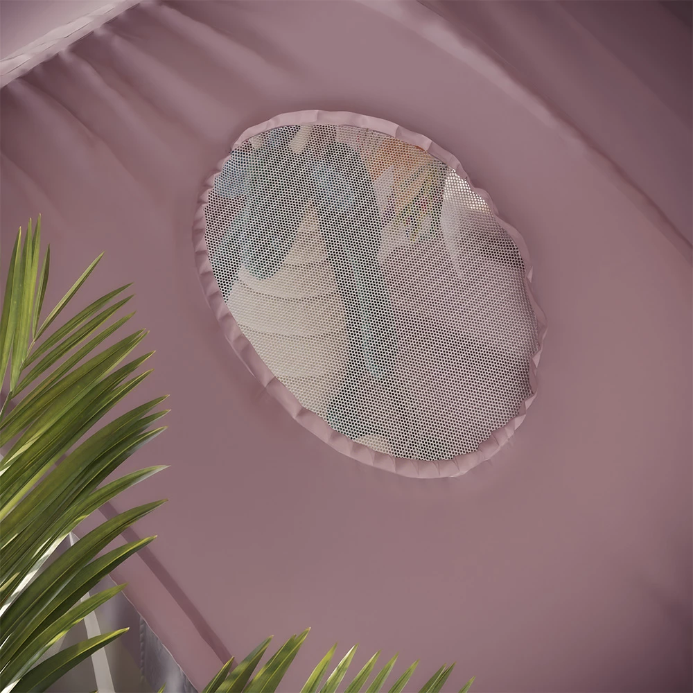 Nahaufnahme von Tunnelzelt in Rosa, zeigt Textur/Details