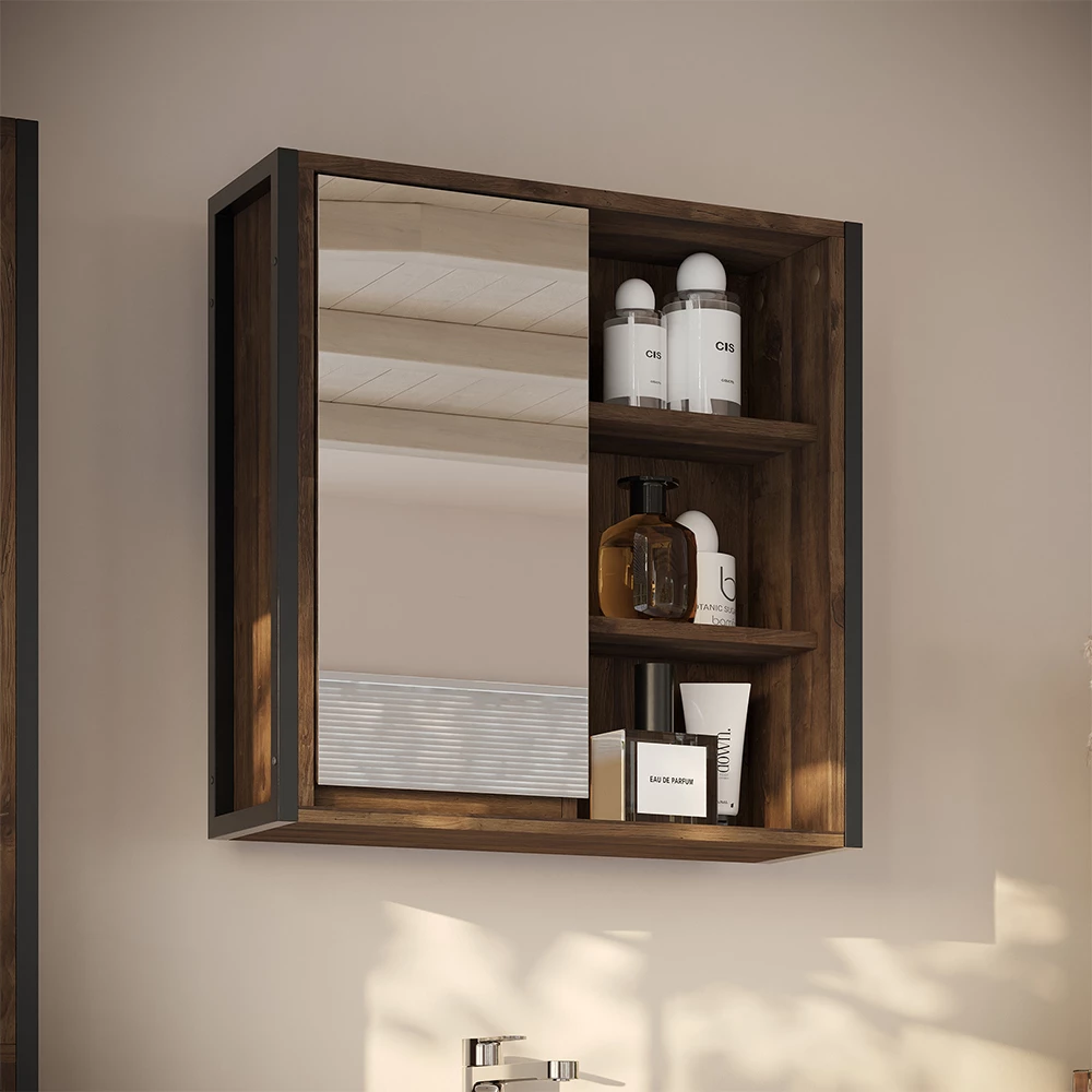 Badspiegelschrank in Eiche/Schwarz, dargestellt im Ambiente mit Dekoration