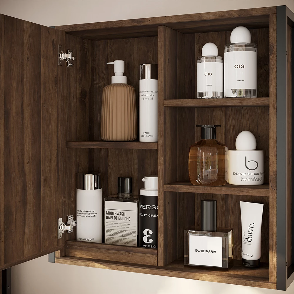 Nahaufnahme von Badspiegelschrank in Eiche/Schwarz, zeigt Textur/Details