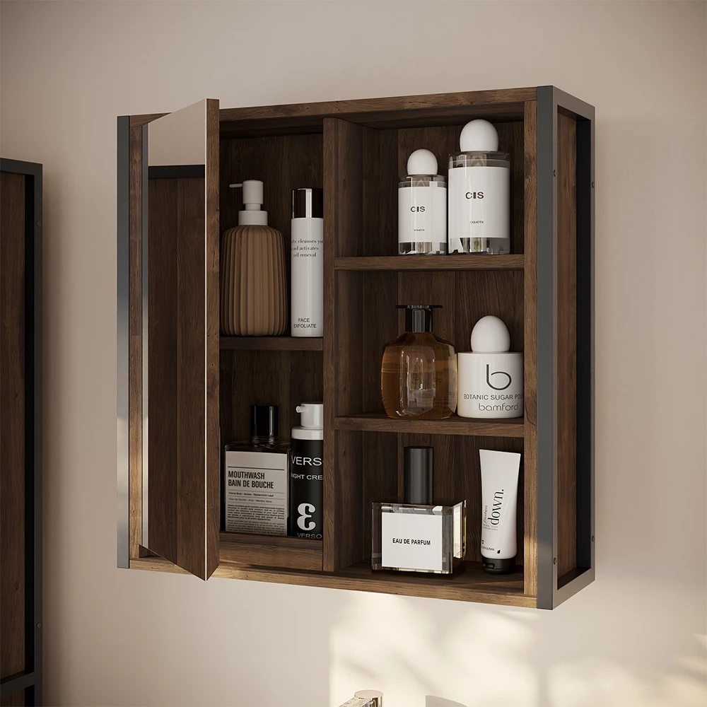 Nahaufnahme von Badspiegelschrank in Eiche/Schwarz, zeigt Design- und Oberflächendetails