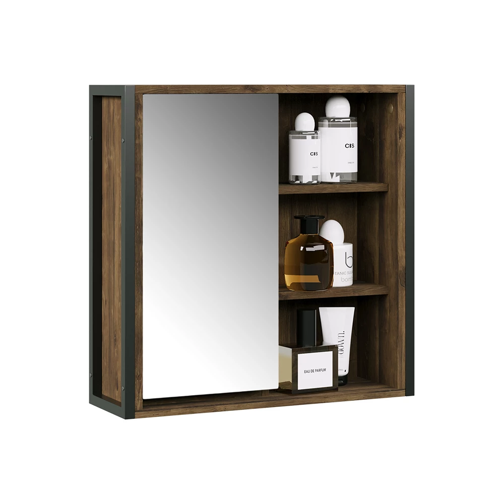 Badspiegelschrank in Eiche/Schwarz auf weißem Hintergrund mit dekorativen Elementen