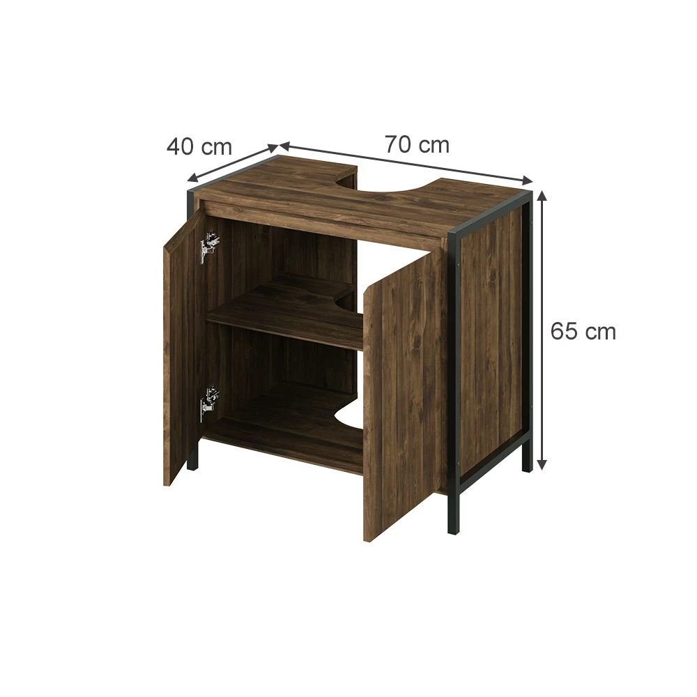 Waschbeckenunterschrank in Eiche/Schwarz auf weißem Hintergrund mit sichtbaren Maßen