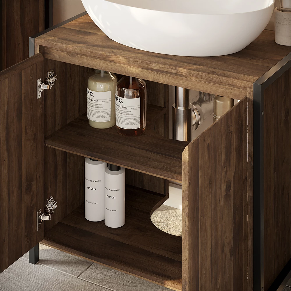 Primo piano di Mobile sottolavabo per bagno in Quercia/nero, mostrando texture/dettagli