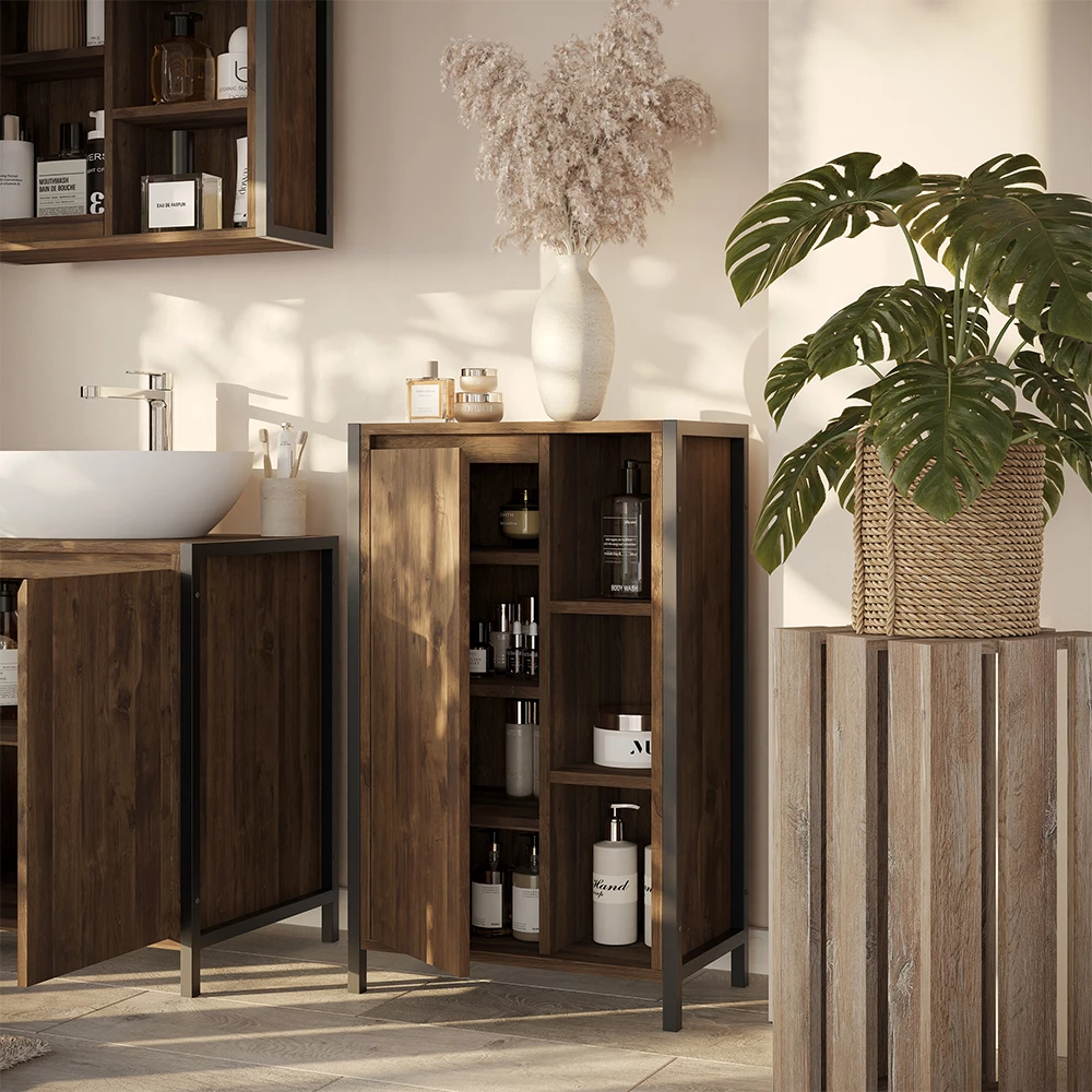 Close-up van Halfhoge kast in Eiken/zwart, met ontwerp- en oppervlakte-details