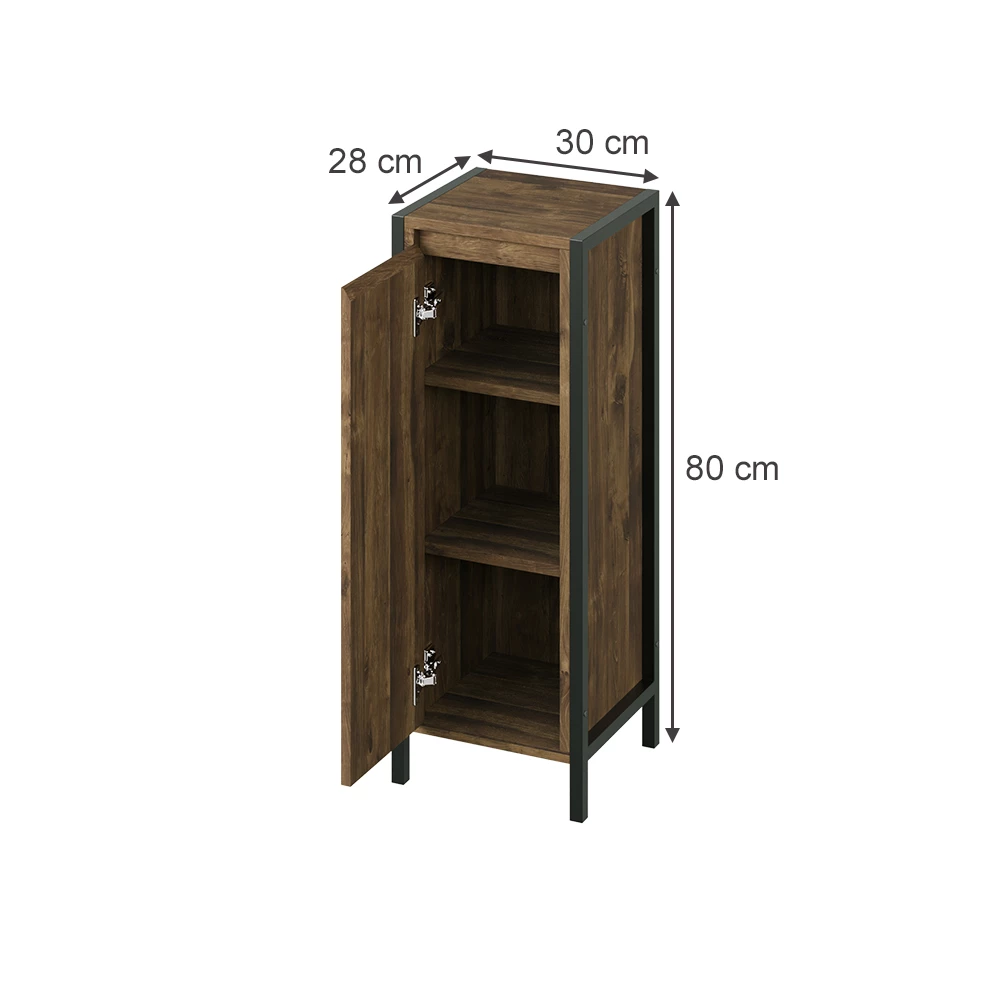 Midischrank in Eiche/Schwarz auf weißem Hintergrund mit sichtbaren Maßen