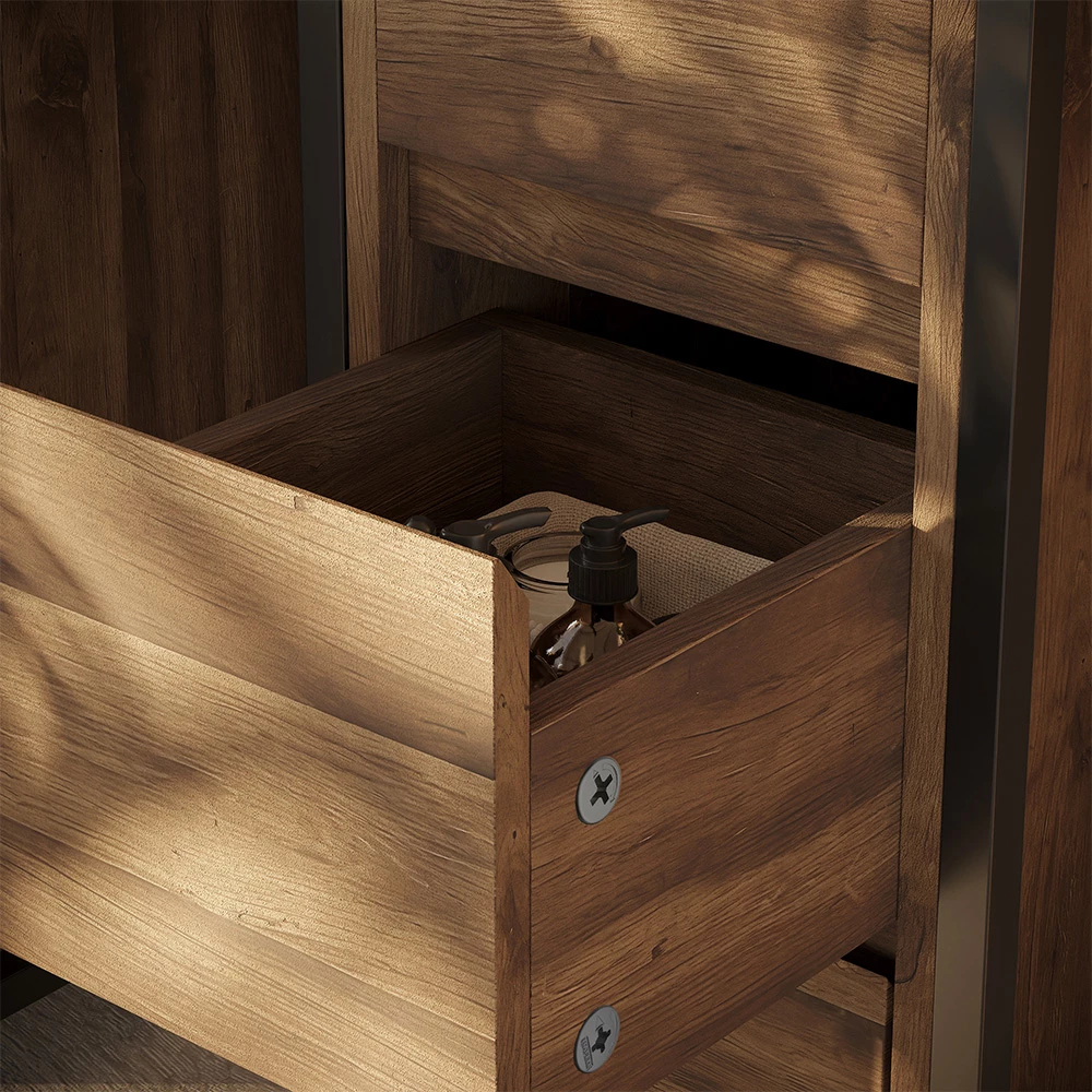 Nahaufnahme von Midischrank in Eiche/Schwarz, zeigt Textur/Details