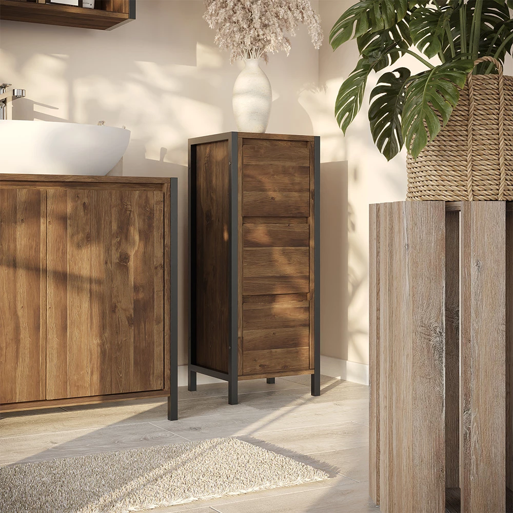 Midischrank in Eiche/Schwarz, dargestellt im Ambiente mit Dekoration