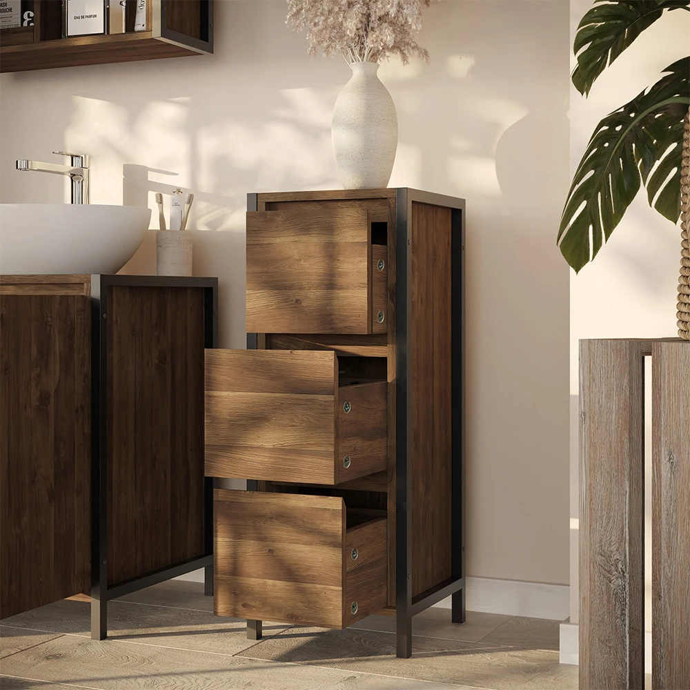 Nahaufnahme von Midischrank in Eiche/Schwarz, zeigt Design- und Oberflächendetails