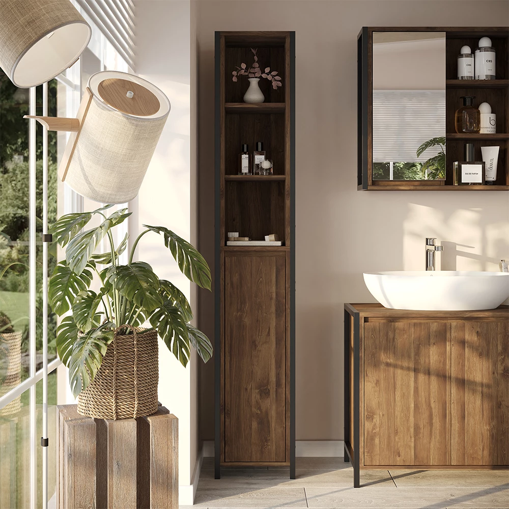 Badkamerkast in Eiken/zwart, getoond in een sfeervolle omgeving met decoratie