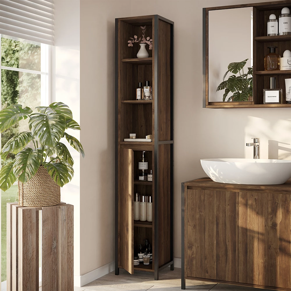 Close-up van Badkamerkast in Eiken/zwart, met ontwerp- en oppervlakte-details