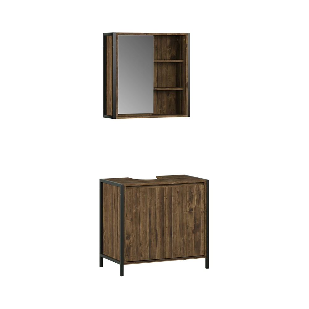 Badmöbel-Set in Eiche/Schwarz auf weißem Hintergrund