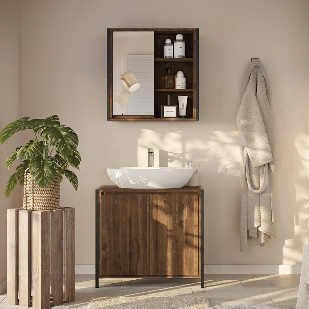 Badmöbel-Set in Eiche/Schwarz, dargestellt im Ambiente mit Dekoration