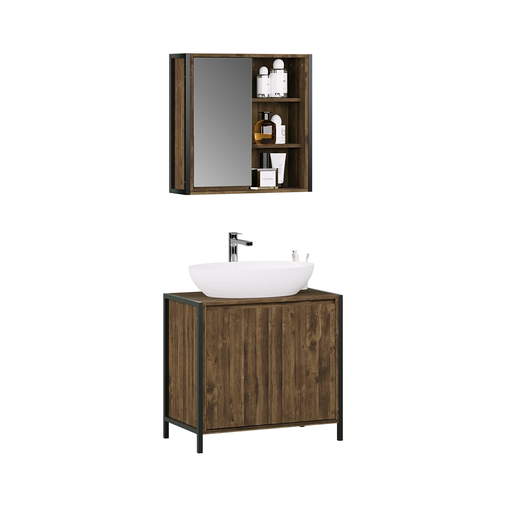 Badmöbel-Set in Eiche/Schwarz auf weißem Hintergrund mit dekorativen Elementen