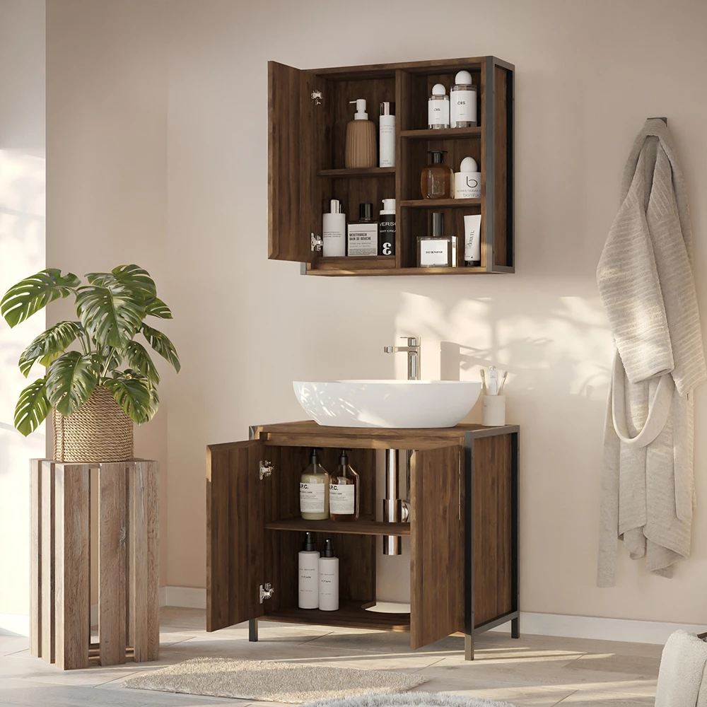 Nahaufnahme von Badmöbel-Set in Eiche/Schwarz, zeigt Design- und Oberflächendetails