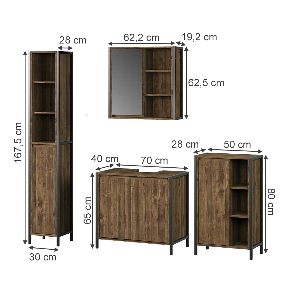 Set di mobili da bagno in Quercia/nero su sfondo bianco con dimensioni visibili