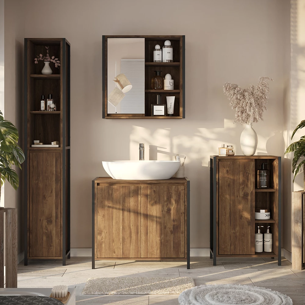 Set di mobili da bagno in Quercia/nero, mostrato in un ambiente ambientale con decorazioni