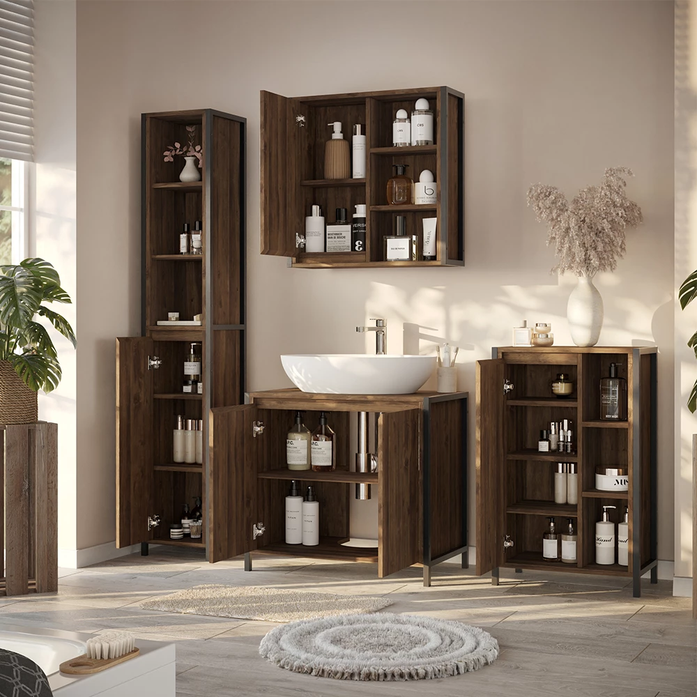 Primo piano di Set di mobili da bagno in Quercia/nero, mostrando design e dettagli della superficie