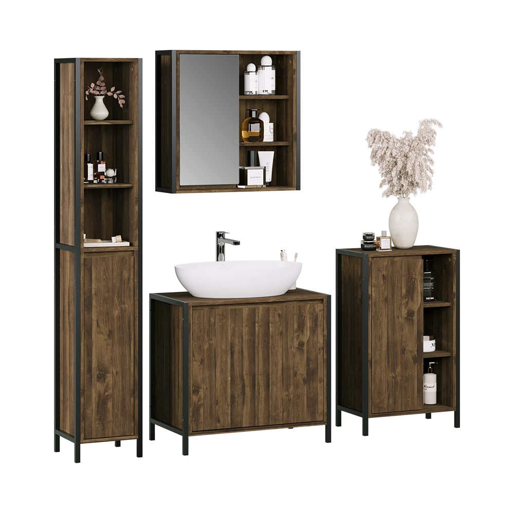 Set di mobili da bagno in Quercia/nero su sfondo bianco con elementi decorativi