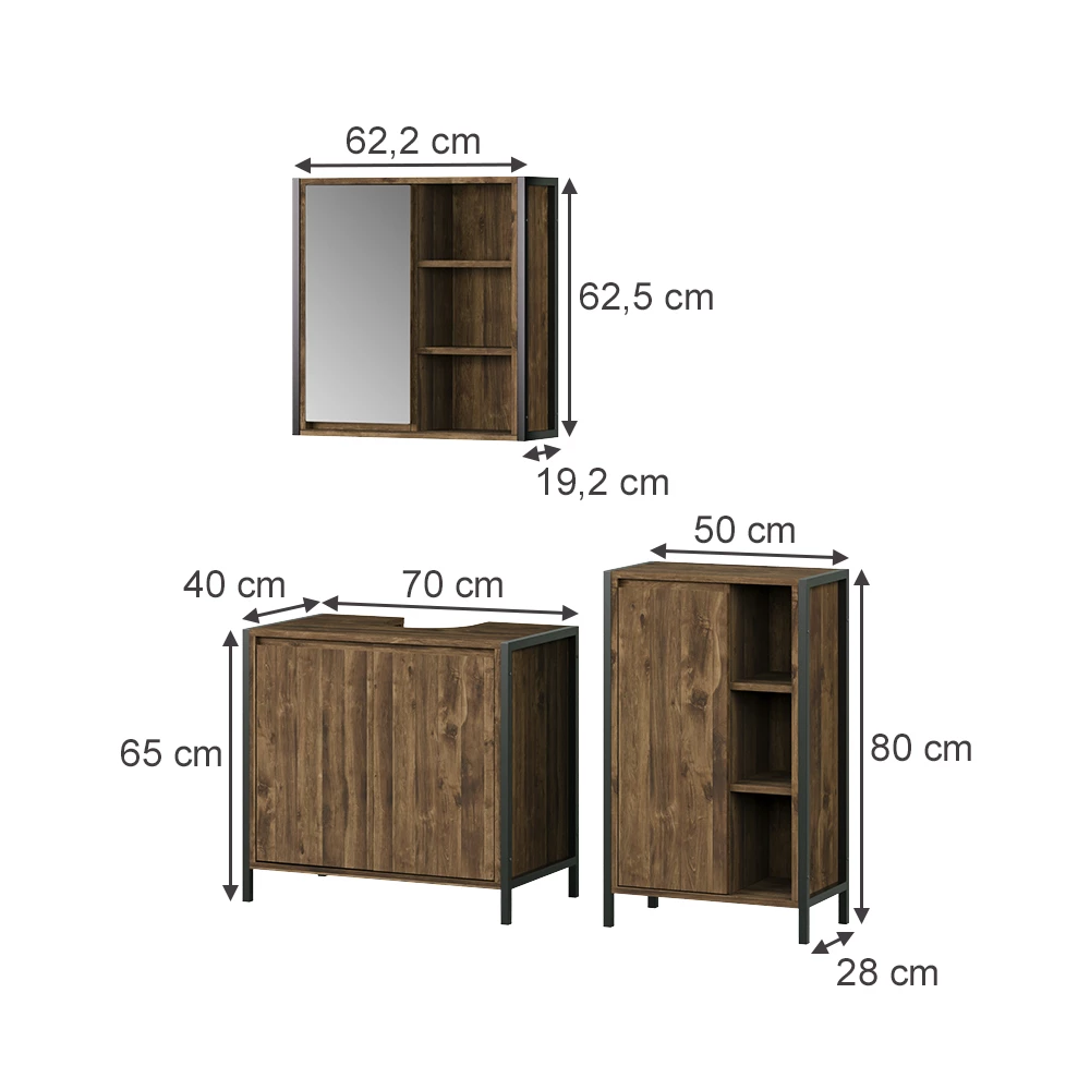 Set di mobili da bagno in Quercia/nero su sfondo bianco con dimensioni visibili