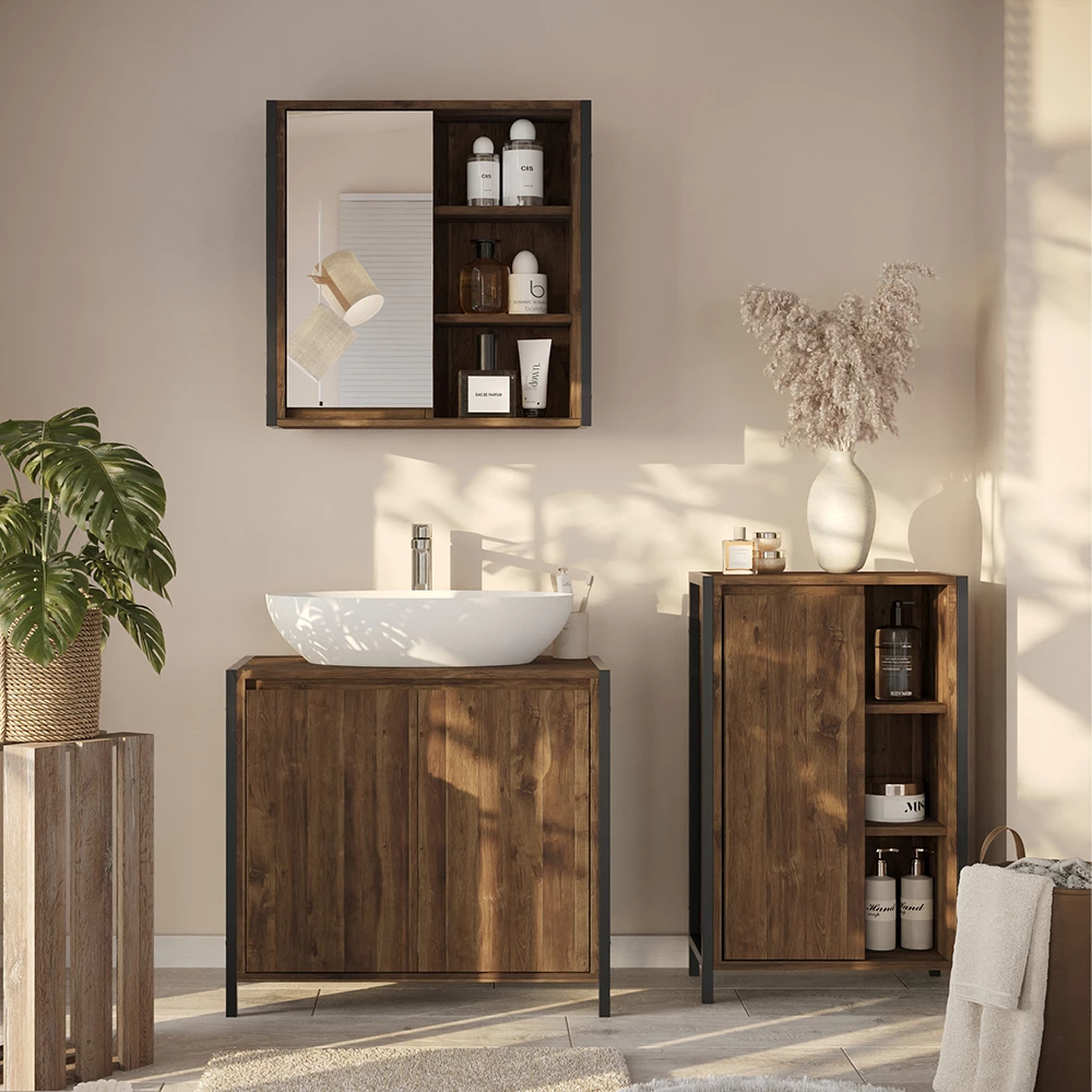 Set di mobili da bagno in Quercia/nero, mostrato in un ambiente ambientale con decorazioni