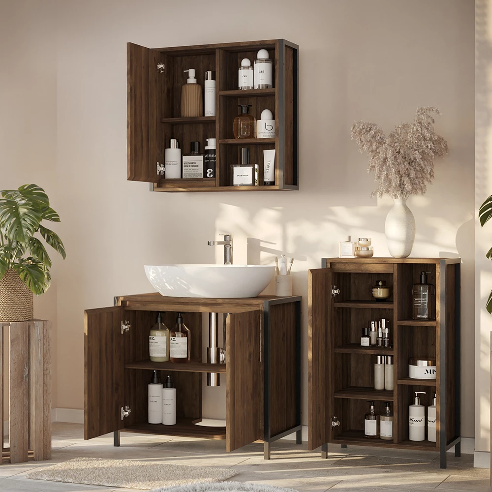 Primo piano di Set di mobili da bagno in Quercia/nero, mostrando design e dettagli della superficie