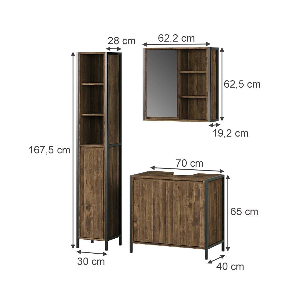 Set di mobili da bagno in Quercia/nero su sfondo bianco con dimensioni visibili