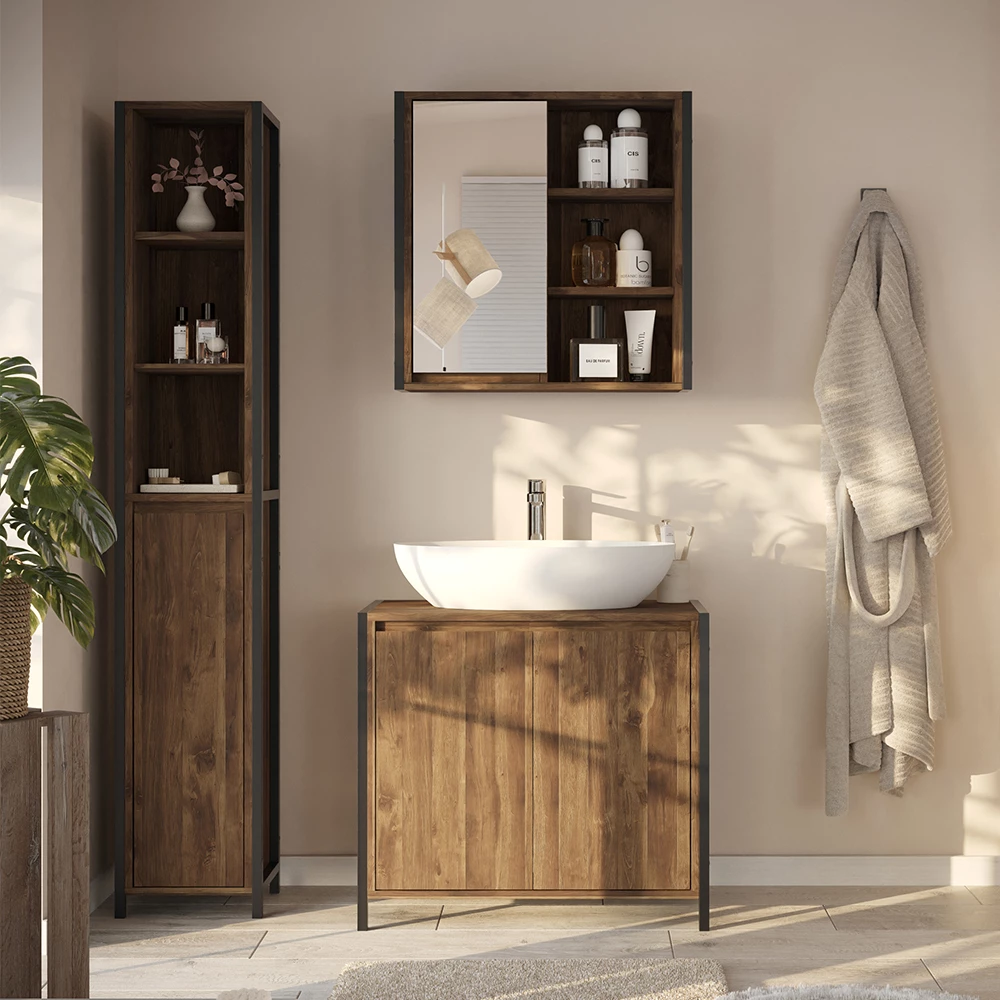 Set di mobili da bagno in Quercia/nero, mostrato in un ambiente ambientale con decorazioni