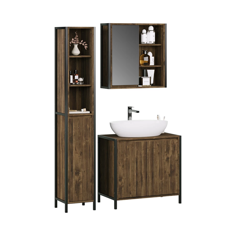 Set di mobili da bagno in Quercia/nero su sfondo bianco con elementi decorativi