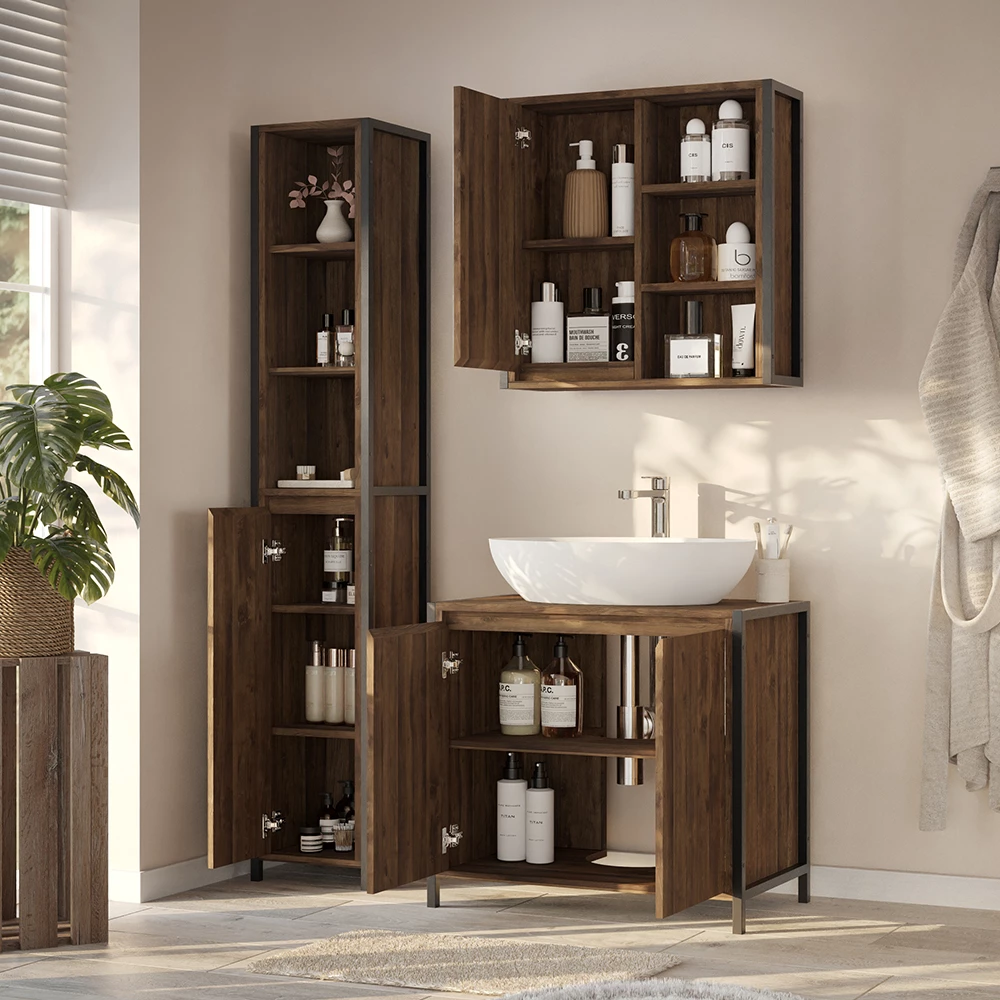 Primo piano di Set di mobili da bagno in Quercia/nero, mostrando design e dettagli della superficie