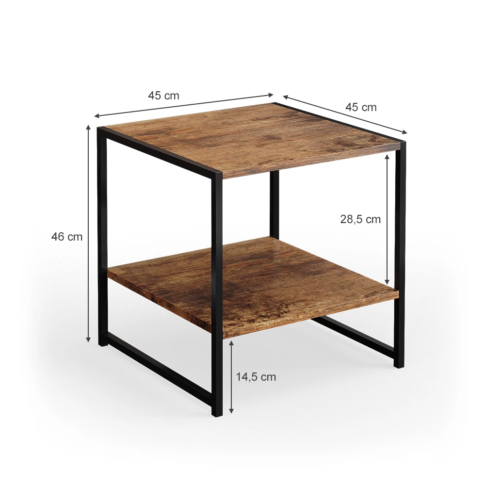 Nachttisch in Antikholz auf weißem Hintergrund mit sichtbaren Maßen