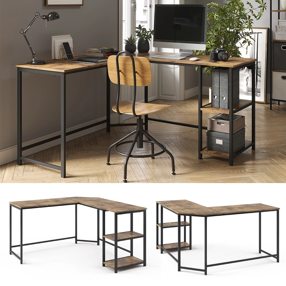 Hjørneskrivebord i farven Antik træ, vist i et miljø og på hvid baggrund