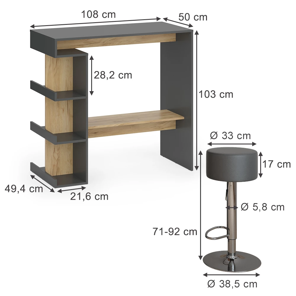 Bartafel set in Antraciet/gouden eik op een witte achtergrond
