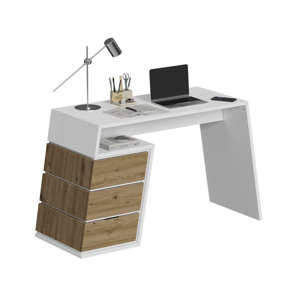 Schreibtisch in Weiß/Eiche auf weißem Hintergrund mit dekorativen Elementen