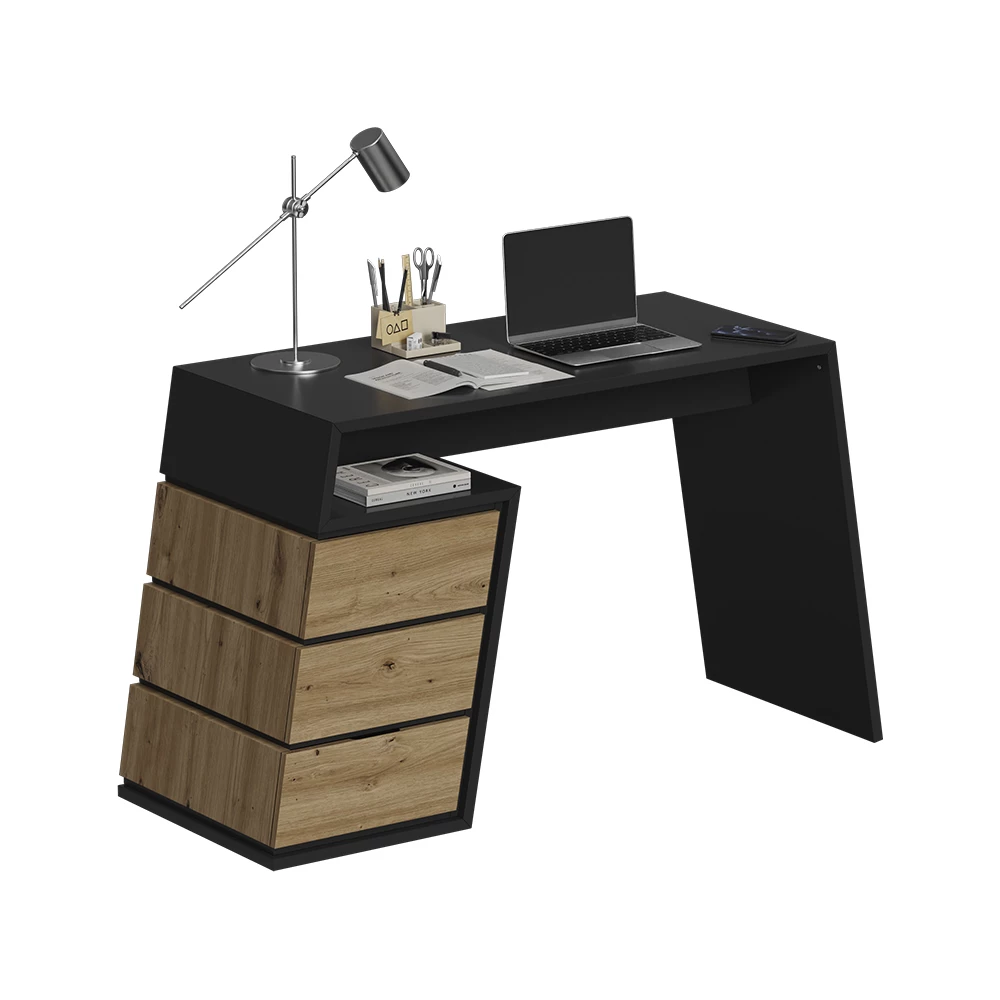 Schreibtisch in Anthrazit/Eiche auf weißem Hintergrund mit dekorativen Elementen