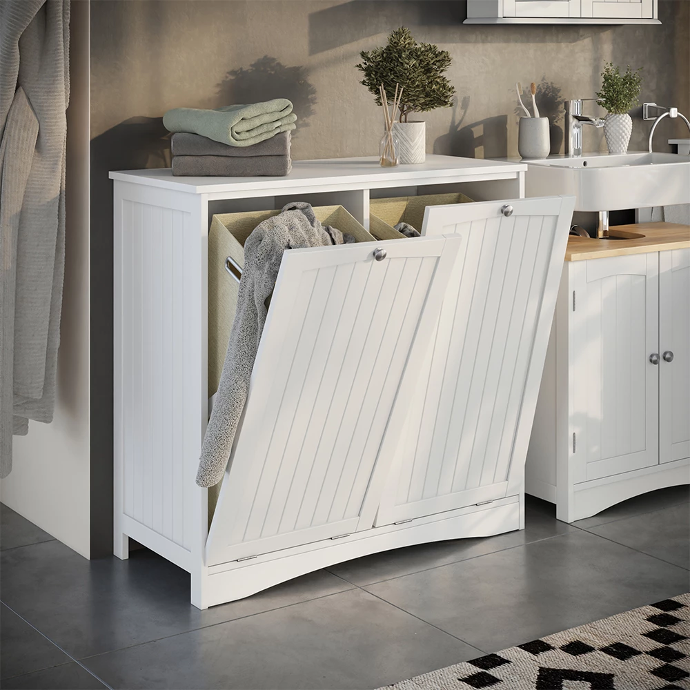 armadietto da bagno con portabiancheria Bianco Bianco 83 x 80 cm con 2 cesti per la biancheria Vicco