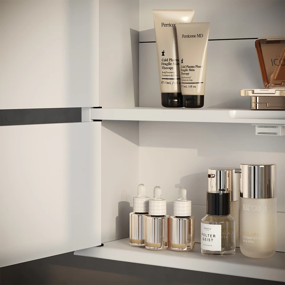 Primo piano di Specchio contenitore bagno in Bianco, mostrando texture/dettagli