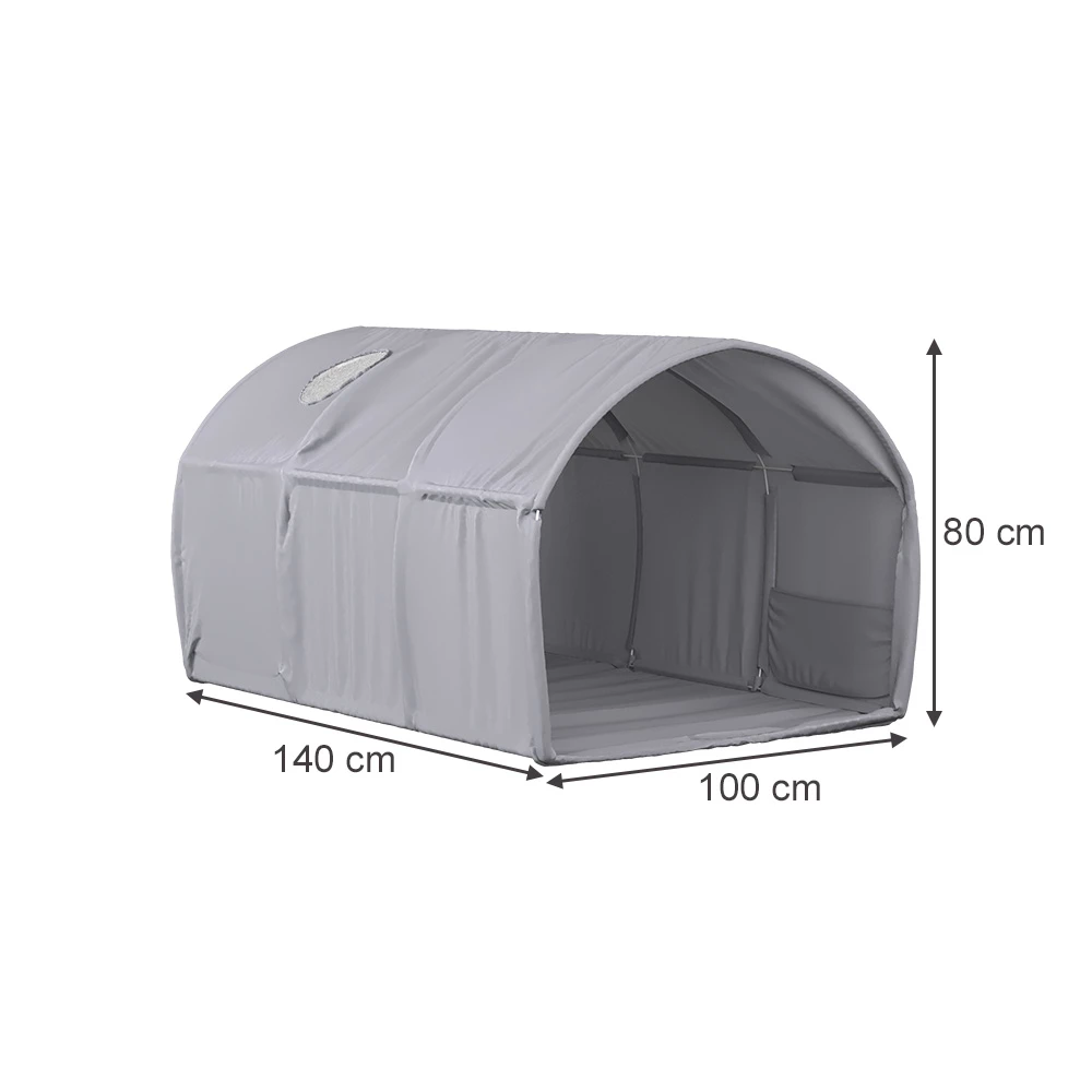 Tunnelzelt in Grau auf weißem Hintergrund mit sichtbaren Maßen