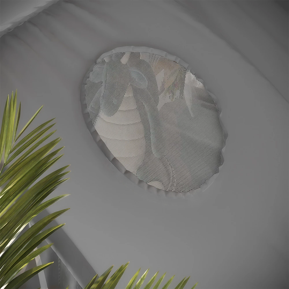 Nahaufnahme von Tunnelzelt in Grau, zeigt Textur/Details