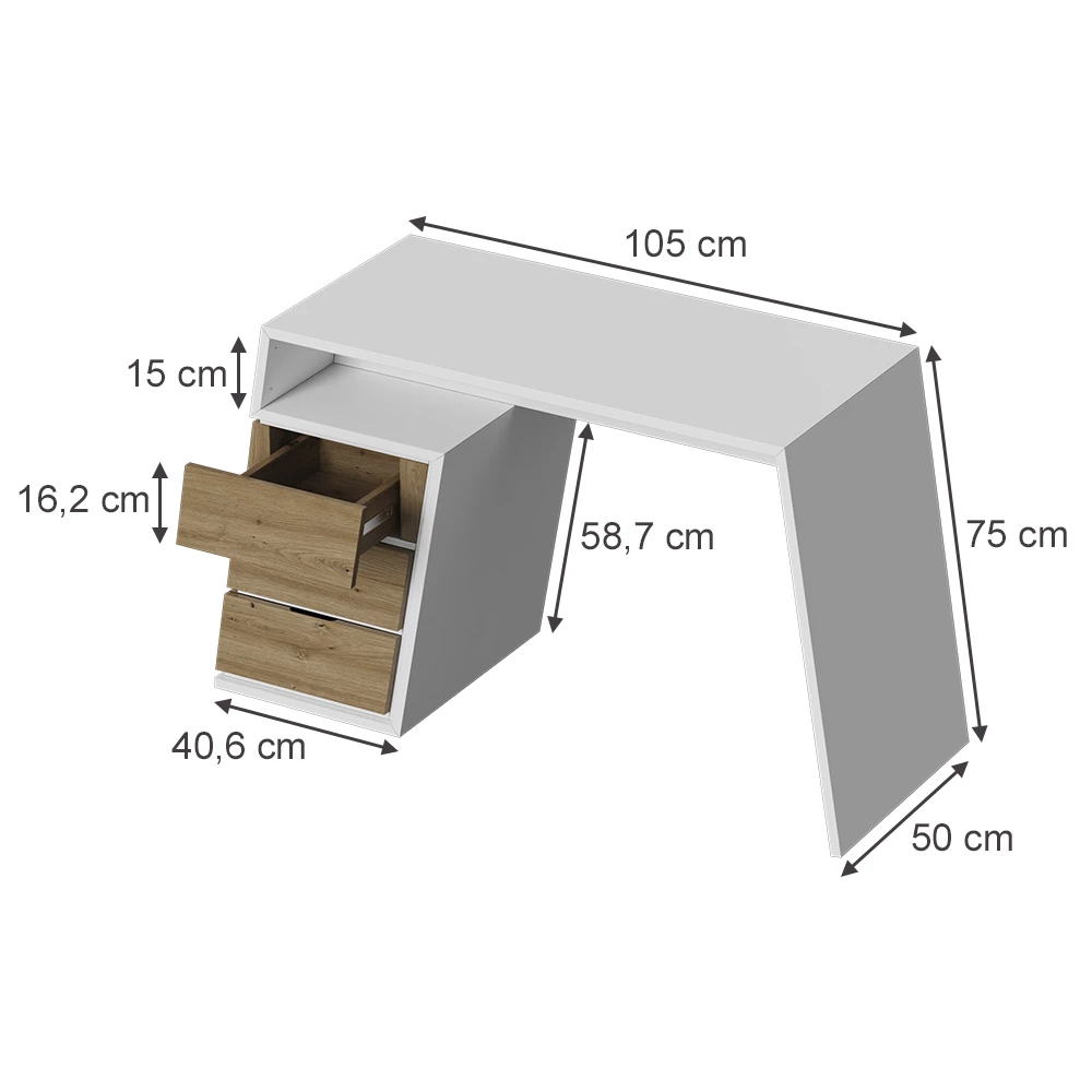 Schreibtisch in Weiß/Eiche auf weißem Hintergrund mit sichtbaren Maßen