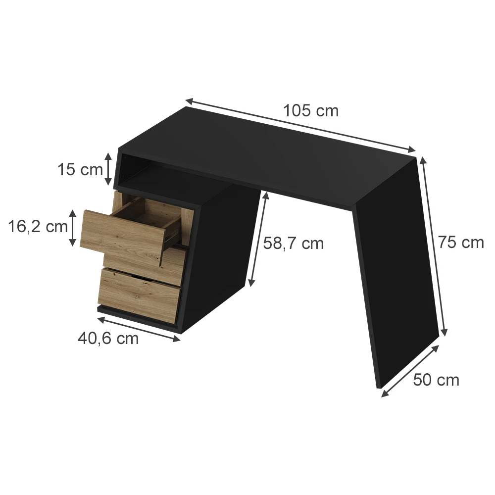 Schreibtisch in Anthrazit/Eiche auf weißem Hintergrund mit sichtbaren Maßen