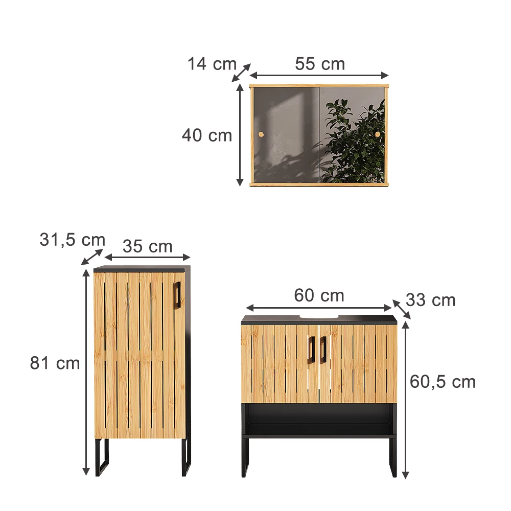 Badmöbel-Set in Bambus auf weißem Hintergrund mit sichtbaren Maßen