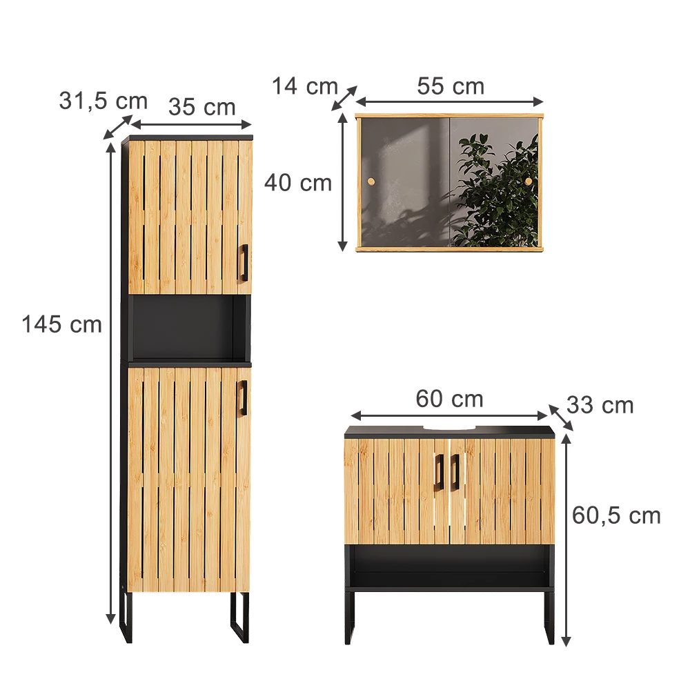 Meubles bain en Bambou sur fond blanc avec dimensions visibles