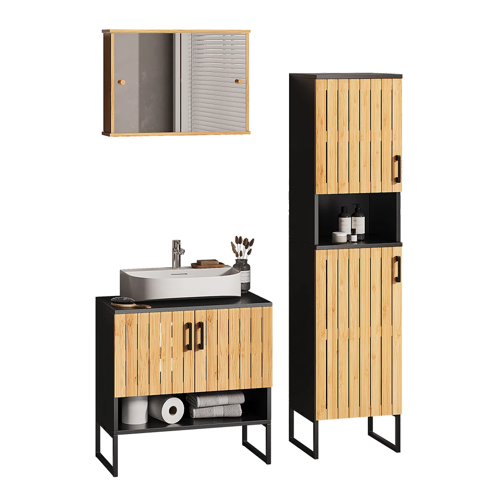 Meubles bain en Bambou sur fond blanc avec des éléments décoratifs