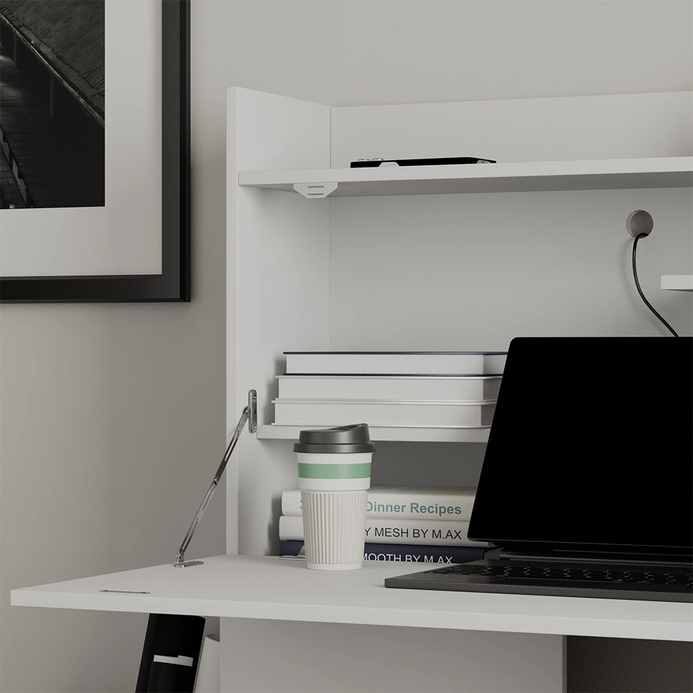 Titkárasztal közeli kép Fehér színben, textúra/részletek bemutatásával