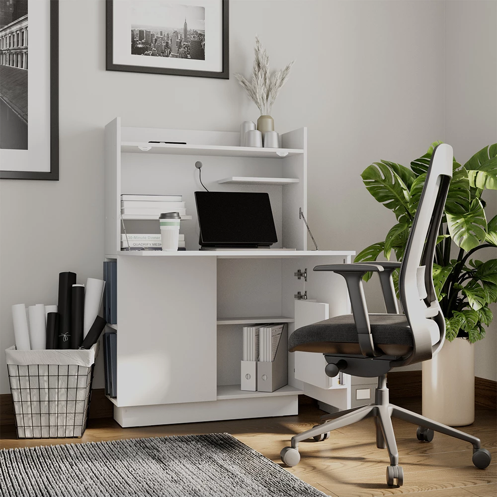 Titkárasztal Fehér színben, dekorációval ellátott környezeti beállításban megjelenítve