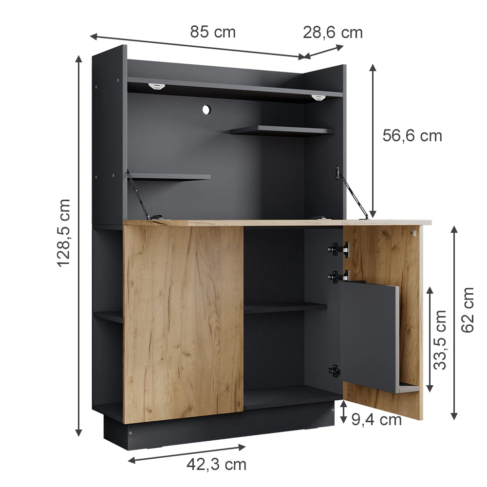 Sekretářský stůl v barvě Antracit/zlatý dub na bílém pozadí