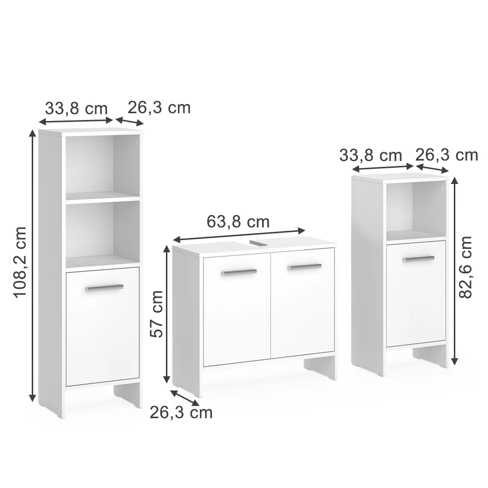 Set di mobili da bagno in Bianco su sfondo bianco con dimensioni visibili