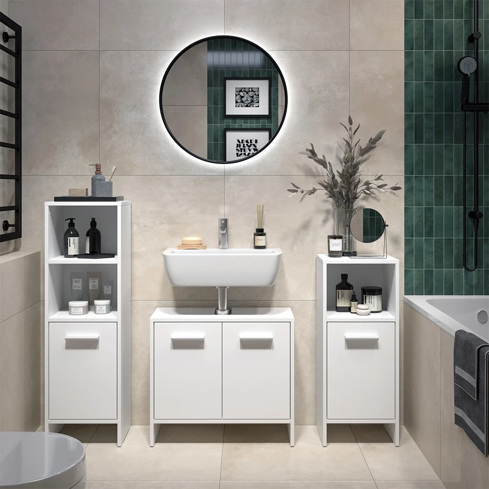 Set di mobili da bagno in Bianco, mostrato in un ambiente ambientale con decorazioni