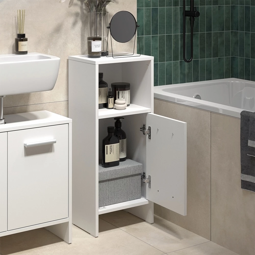 Primo piano di Set di mobili da bagno in Bianco, mostrando design e dettagli della superficie